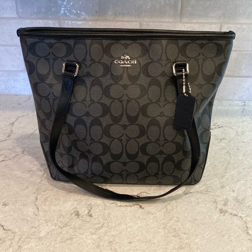 Coach Black/Gray/Silver Zip Top Tote Bag